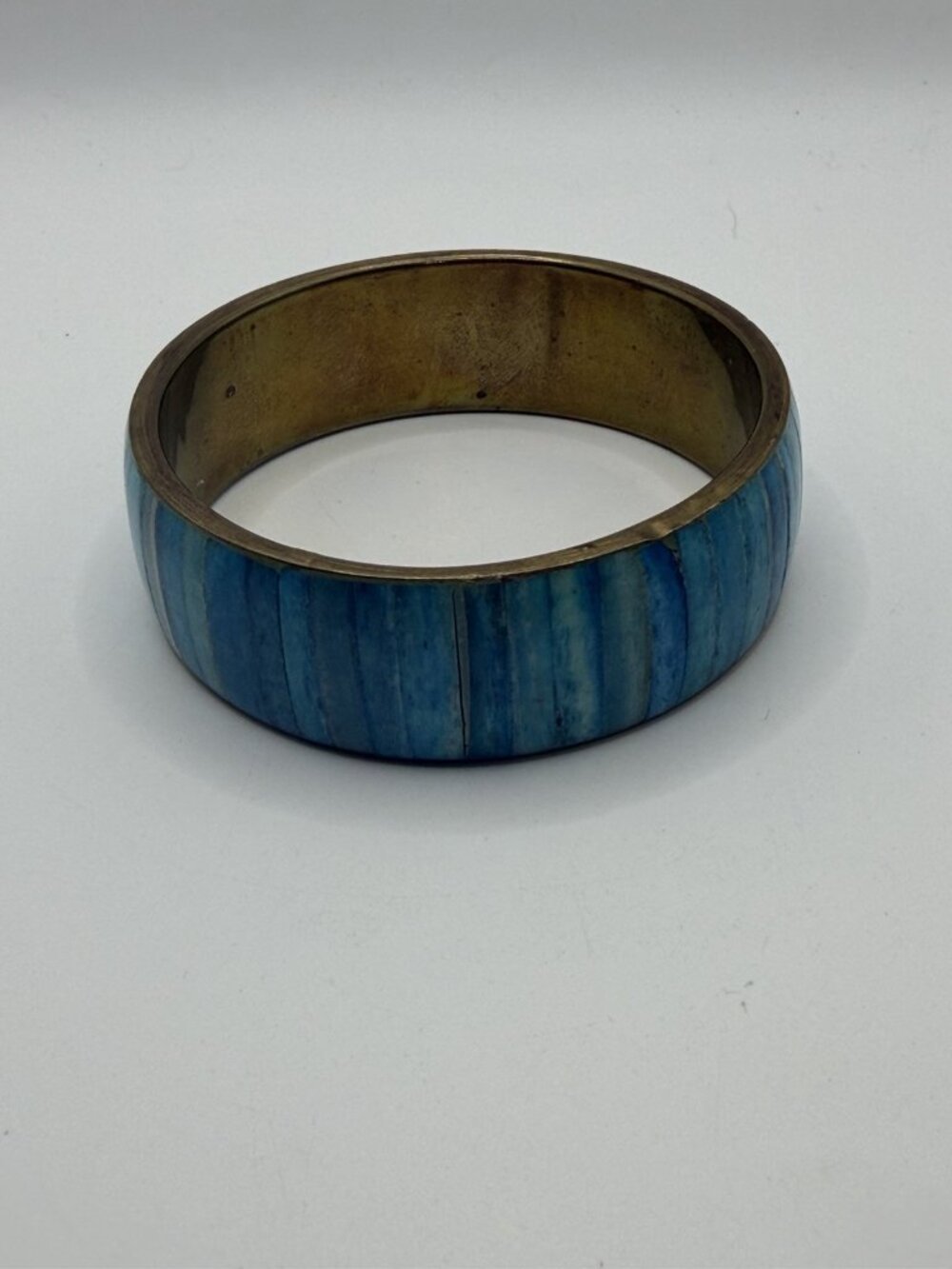 Beautiful Bangle Bracelet Brass Tone Blue Insets 7/8" Wide 2 5/8" Across ID